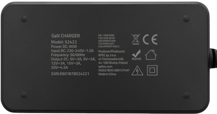 Блок живлення Qoltec GaN 20V 90W 4.5A USB-C 3.1 Black (5901878524221) - зображення 4