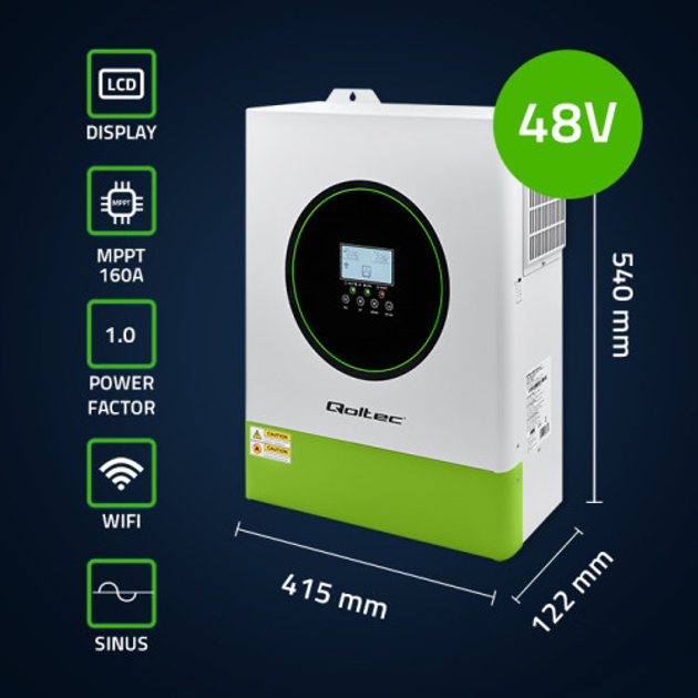 Hybrydowy inwerter Qoltec 11 kW 160A 48V MPPT BMS Sinus Wi-Fi option (5901878538624) - obraz 8