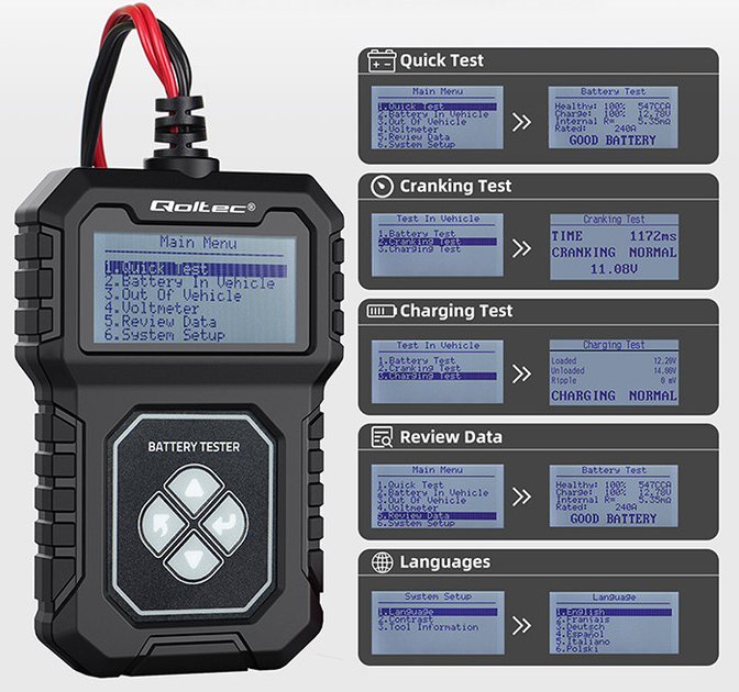 Цифровий тестер акумулятора Qoltec с LCD дисплеем 12V 30-220Ah (5901878506869) - зображення 4