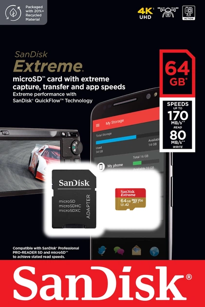 Карта памяти SANDISK Extreme microSDXC 64GB UHS-I U3 V30 + SD