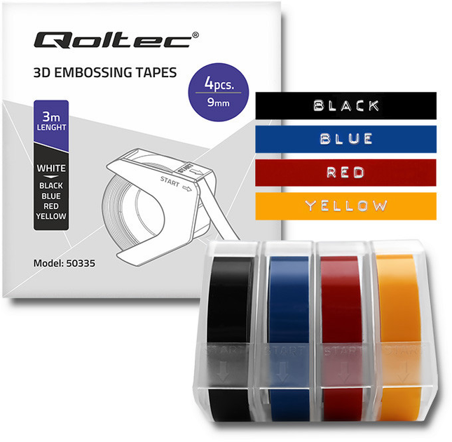 Zestaw 3D-taśm Qoltec do DYMO Omega 9 mm x 3 m 4 szt. (59018785033560 - obraz 1