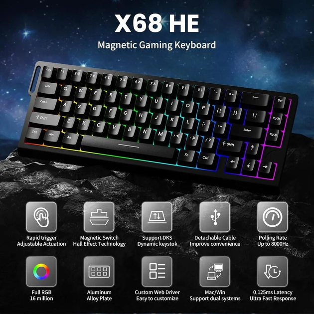 Магнітна ігрова клавіатура ATTACK SHARK X68 HE 8kHz Чорний з кабелем - зображення 2