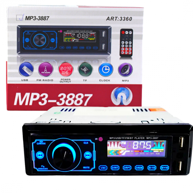 Автомагнітола 1DIN MP3 3887 ISO з сенсорним дисплеєм Bluetooth USB microSD FM радіо автомобільна магнітола 4×50Вт автомагнітола з пультом ДУ автомагнітола з еквалайзером та RCA виходом фронтальний USB авто магнітола для машини - изображение 2