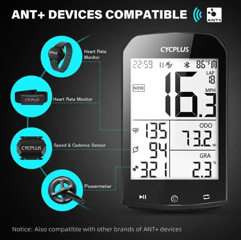 Велокомпьютер gps cycplus m1 bluetooth 5.0/ant+синхронизация со strava, поддержка датчиков пульса, каденса - Фото 3 Велокомпьютер gps cycplus m1 bluetooth 5.0/ant+синхронизация со strava, поддержка датчиков пульса, каденса - изображение 3