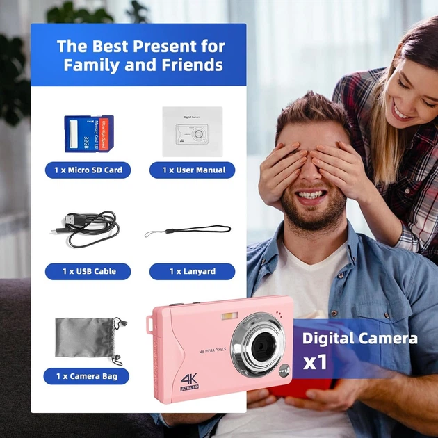 Компактный фотоаппарат CCN / 48 Мп BSI CMOS / Full HD 1080p 30fps / 16× цифровой зум / 3,0″ экран / Розовый Б/В - изображение 5