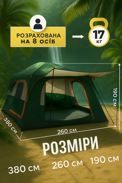 Намет-будинок 6-8-місний двошаровий Yar-sport 1610 для туризму 380×260×190 (блакитний) - зображення 5