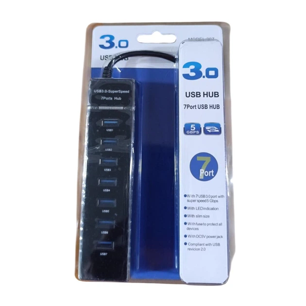 Super Speed USB3.0 HUB 7-портовий Розгалужувач Концетратор Для периферійних пристроїв LED-дисплей Black-Blue - зображення 8
