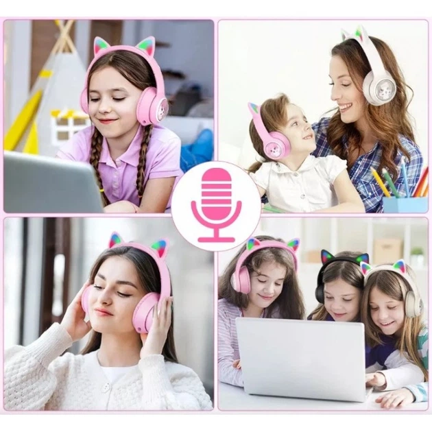 Бездротові Bluetooth 5.3 навушники з котячими LED вушками, що світяться, Nectronix AKZ-01 micro SD AUX Hi-Fi Stereo 40 мм 10 мВтх2 Рожеві - зображення 3
