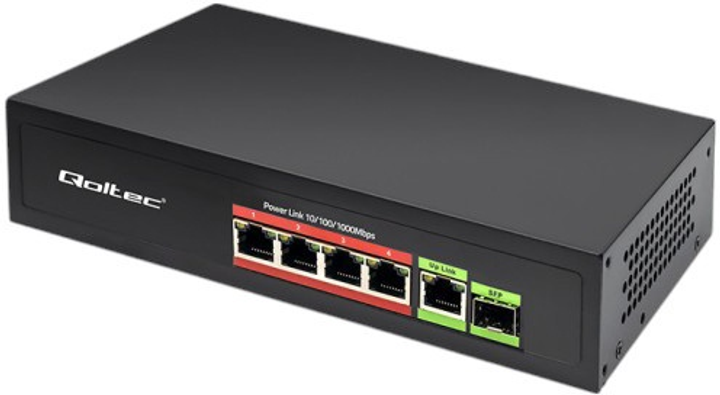 Комутатор Qoltec PoE SWITCH 4x RJ45 PoE 1x RJ45 Uplink 1x SFP 65W 1000 Mb (5901878522968) - зображення 2