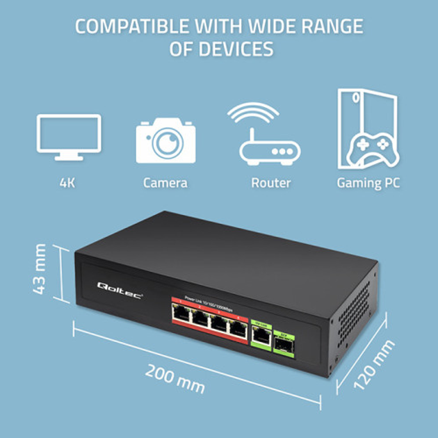 Комутатор Qoltec PoE SWITCH 4x RJ45 PoE 1x RJ45 Uplink 1x SFP 65W 1000 Mb (5901878522968) - зображення 8