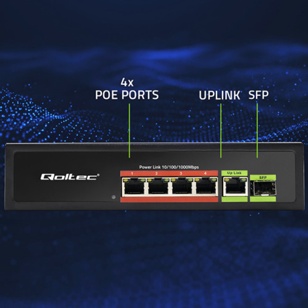 Комутатор Qoltec PoE SWITCH 4x RJ45 PoE 1x RJ45 Uplink 1x SFP 65W 1000 Mb (5901878522968) - зображення 9