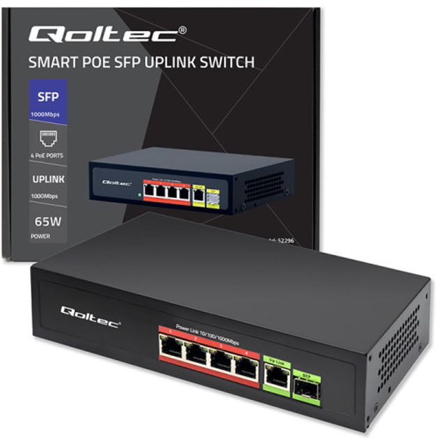 Комутатор Qoltec PoE SWITCH 4x RJ45 PoE 1x RJ45 Uplink 1x SFP 65W 1000 Mb (5901878522968) - зображення 10