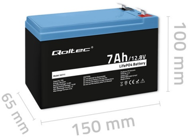 Akumulator Qoltec LiFePO4 Litowo-Żelazowo-Fosforanowy 12.8V 7Ah 89.6Wh BMS (5901878537115) - obraz 6