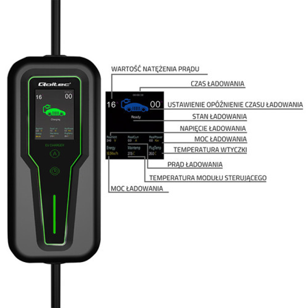 Mobilna ładowarka do samochodu elektrycznego Qoltec EV z regulacją 2 w 1 Typ 2 3.5 kW 5 m (5901878524658) - obraz 7