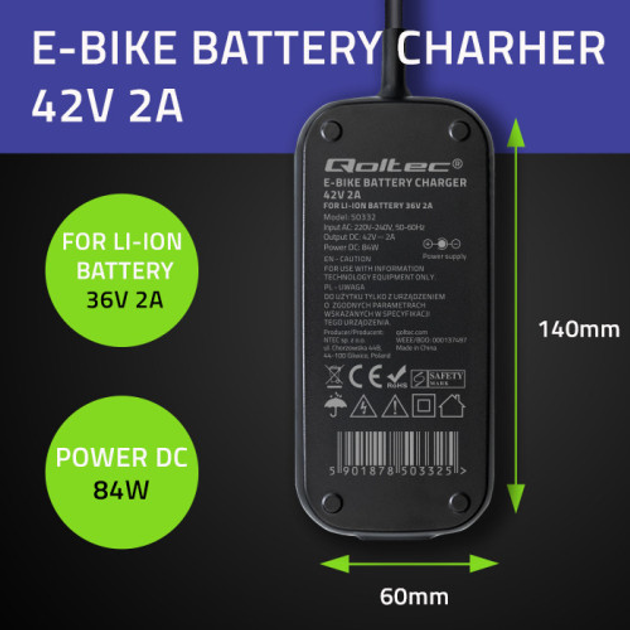 Zasilacz do roweru elektrycznego Qoltec Charger for e-bike, electric scooter 36V / 42V 2A 5.5*2.5 (5901878503332) - obraz 12