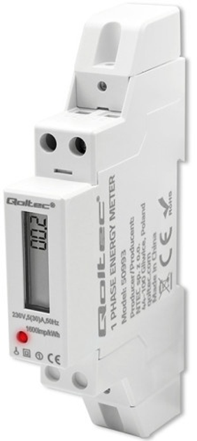 Licznik energii elektrycznej Qoltec Single-phase electronic meter DIN rail energy consumption meter 230V 30A LCD 1P (5901878509938) - obraz 2