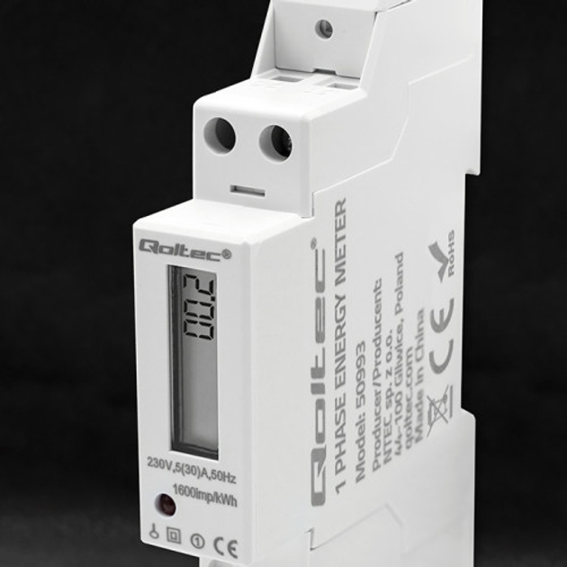 Licznik energii elektrycznej Qoltec Single-phase electronic meter DIN rail energy consumption meter 230V 30A LCD 1P (5901878509938) - obraz 7