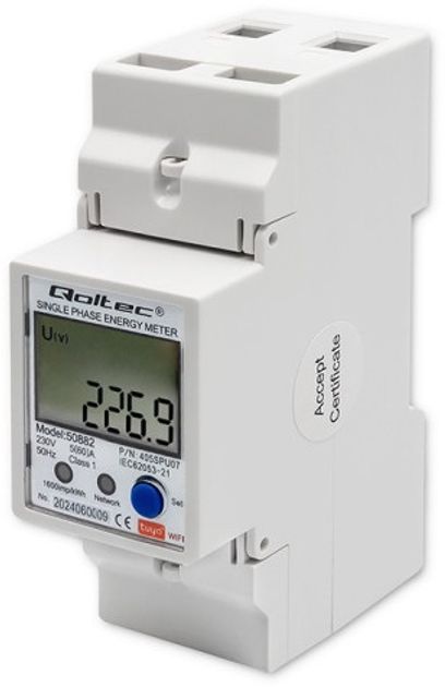 Лічильник електроенергії Qoltec Single phase electronic energy consumption meter for DIN rail 230 V LCD Wi-fi (5901878508825) - зображення 2