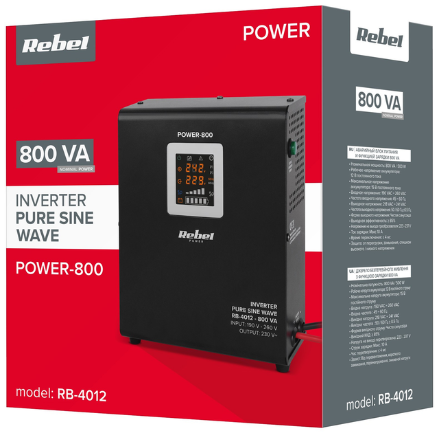 Zasilacz UPS Rebel POWER-800 RB-4012 LiFePo4 12V 230V 800VA/500W (5901890078726) - obraz 3