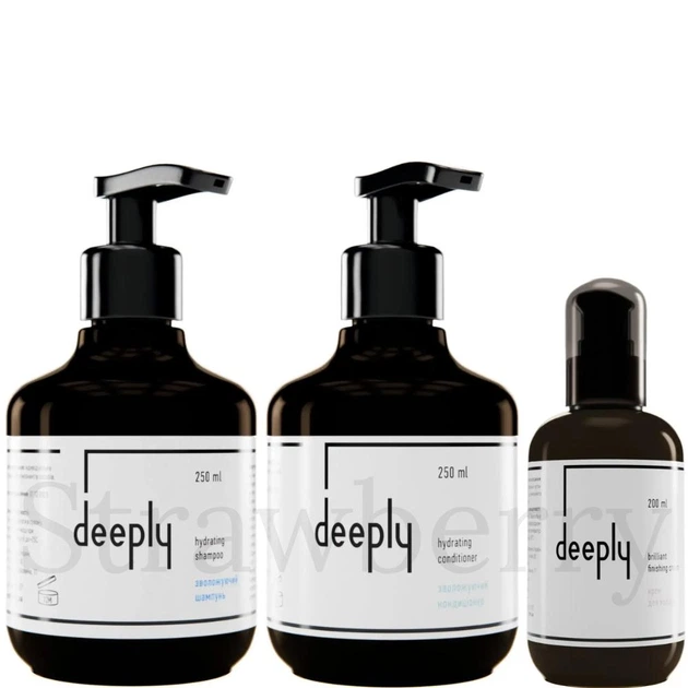 Набор для увлажнения и блеска волос Deeply: Увлажняющий шампунь Deeply Hydrating Shampoo 250мл + Увлажняющий кондиционер Deeply Hydrating Conditioner 250мл + Крем для блеска волос Deeply Brilliant Finishing Cream 200мл - Фото 1 Набор для увлажнения и блеска волос Deeply: Увлажняющий шампунь Deeply Hydrating Shampoo 250мл + Увлажняющий кондиционер Deeply Hydrating Conditioner 250мл + Крем для блеска волос Deeply Brilliant Finishing Cream 200мл - изображение 1