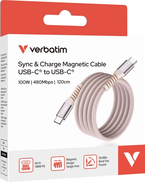 Kabel zasilający i synchronizacyjny Verbatim 100 W z magnesem, USB-C do USB-C, 120 cm, różowy (0023942318576) - obraz 3