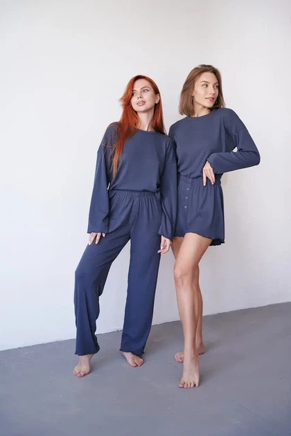 Женский домашний комплект тройка кофта шорты и брюки Carmen L-XL темно-серый - Фото 2 Женский домашний комплект тройка кофта шорты и брюки Carmen L-XL темно-серый - изображение 2