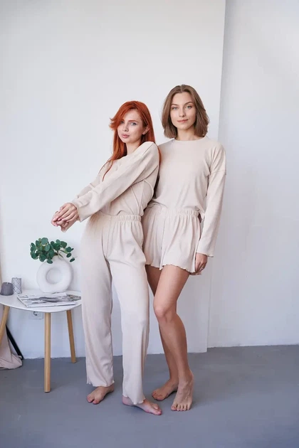 Жіночий домашній комплект трійка кофта шорти та штани Carmen L-XL бежевий - зображення 11