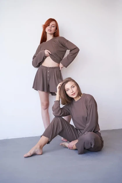 Женский домашний комплект тройка кофта, шорты и брюки Carmen L-XL коричневый - Фото 10 Женский домашний комплект тройка кофта, шорты и брюки Carmen L-XL коричневый - изображение 10