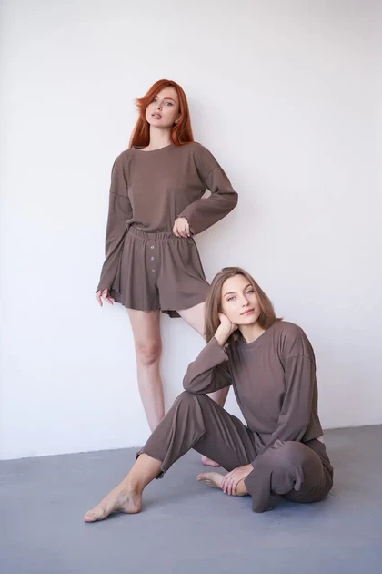 Женский домашний комплект тройка кофта, шорты и брюки Carmen L-XL коричневый - Фото 15 Женский домашний комплект тройка кофта, шорты и брюки Carmen L-XL коричневый - изображение 15