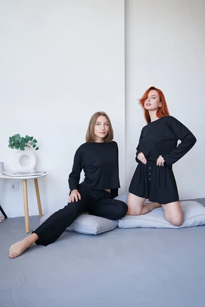 Женский домашний комплект тройка кофта, шорты и брюки Carmen S-M черный - Фото 1 Женский домашний комплект тройка кофта, шорты и брюки Carmen S-M черный - изображение 1
