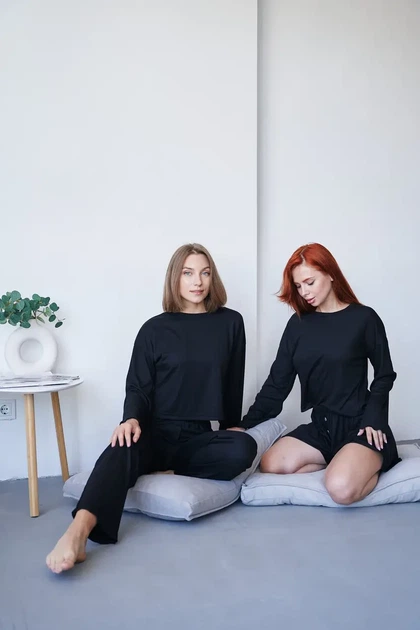 Женский домашний комплект тройка кофта, шорты и брюки Carmen S-M черный - Фото 10 Женский домашний комплект тройка кофта, шорты и брюки Carmen S-M черный - изображение 10