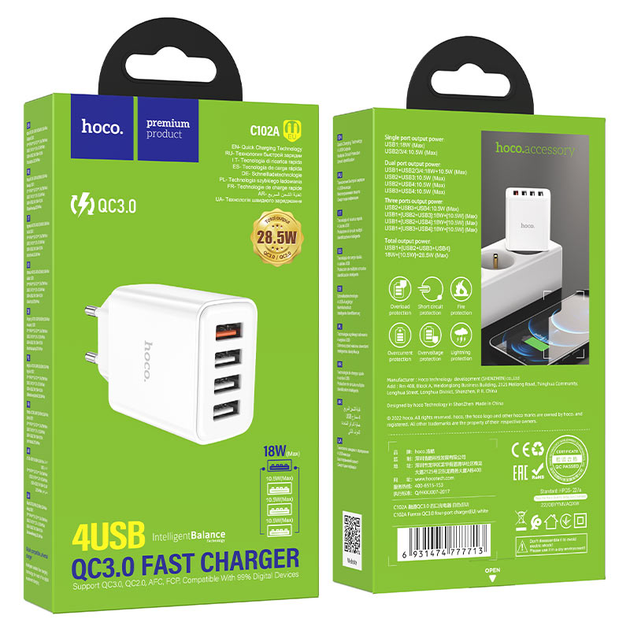 Мережевий зарядний пристрій Hoco C102A Fuerza QC3.0 four-port charger(EU) White - Фото 2 Мережевий зарядний пристрій Hoco C102A Fuerza QC3.0 four-port charger(EU) White - зображення 2