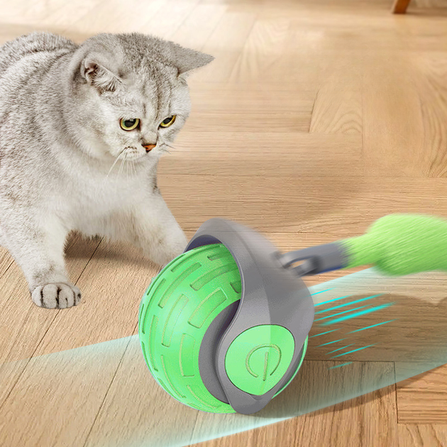 Игрушка для кошек на аккумуляторе в виде мячика с хвостиком Cat toy ball Зеленый - изображение 2