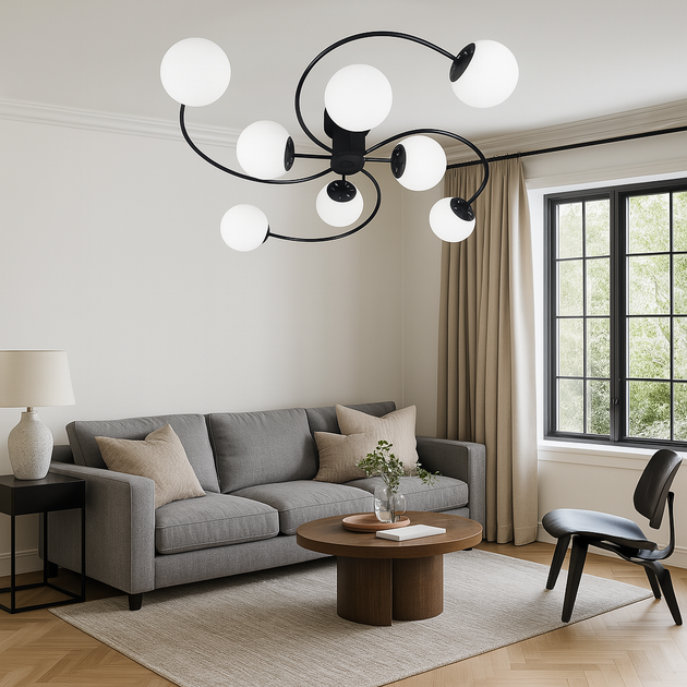 Люстра стельова чорна з білими кулями Loft Modern Glass Sneha (9969549746/4+4) - Фото 3 Люстра стельова чорна з білими кулями Loft Modern Glass Sneha (9969549746/4+4) - зображення 3