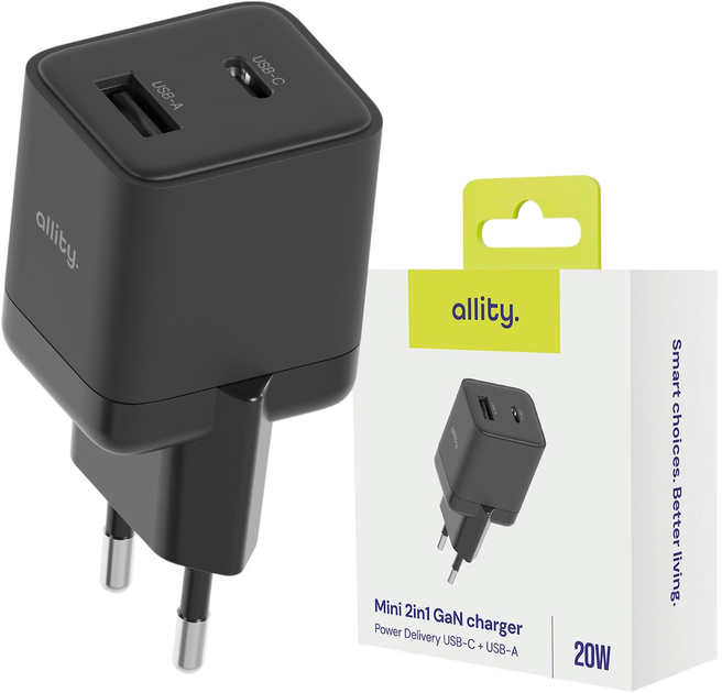 Ładowarka sieciowa Allity GaN PD QC ATC-01-20WAC 1x USB-C 1x USB-A 20W Black (5906667550139) - obraz 3