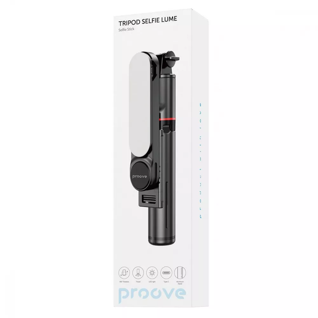 Трипод Proove Selfie Lume 1110 мм с поворотом 360° LED подсветка пульт дистанционного управления Черный - Фото 9 Трипод Proove Selfie Lume 1110 мм с поворотом 360° LED подсветка пульт дистанционного управления Черный - изображение 9