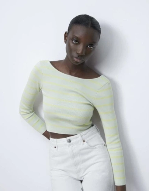 Светр жіночий ZARA Sweater Women's Yellow Mint Cropped Striped Scoop Back S Жовтий (3519\031\423) - Фото 1 Светр жіночий ZARA Sweater Women's Yellow Mint Cropped Striped Scoop Back S Жовтий (3519\031\423) - зображення 1