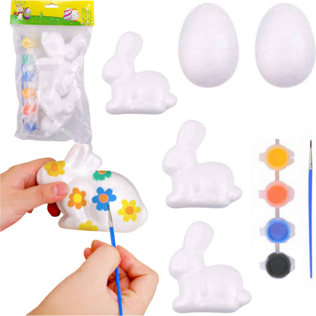 Набір пінопластових фігурок LEAN Toys до Великодня для розфарбовування 3 зайці + 2 яйця + фарби 21352 (5905991037859) - зображення 2
