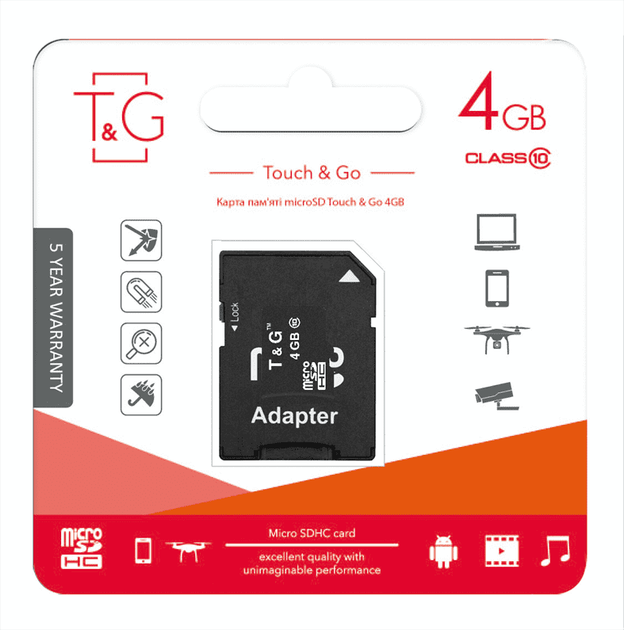 Карта пам'яті MicroSDHC 4GB UHS-I Class 10 T&G + SD-adapter (TG-4GBSDCL10-01) - Фото 6 Карта пам'яті MicroSDHC 4GB UHS-I Class 10 T&G + SD-adapter (TG-4GBSDCL10-01) - зображення 6