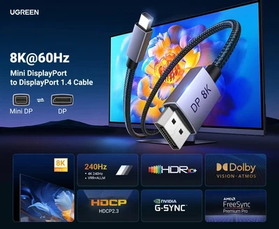 Кабель видео Ugreen Mini DisplayPort 1.4 8K@60 Гц, 4K@240 Гц, 2K@240 Гц HDR 32.4 Гбит/с 1.5 м Grey (DP122) - изображение 3