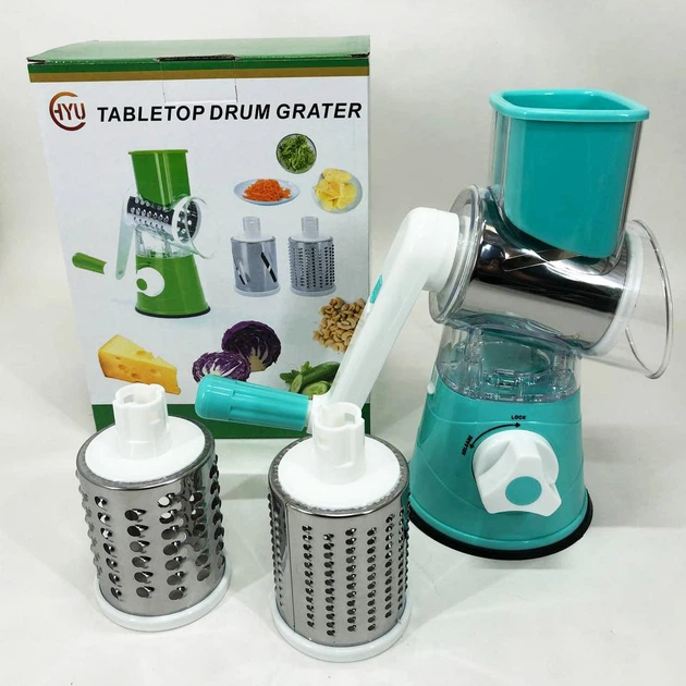 Овощерезка Tabletop Drum Grater Kitchen Master 3 насадки, ручна, голуба - зображення 2