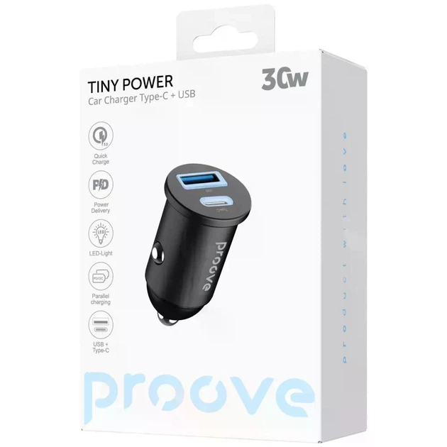 Автомобильное зарядное устройство USB + Type-C Proove Tiny Power 30W black | Зарядка в прикуриватель (ACTP30111201) - Фото 7 Автомобильное зарядное устройство USB + Type-C Proove Tiny Power 30W black | Зарядка в прикуриватель (ACTP30111201) - изображение 7