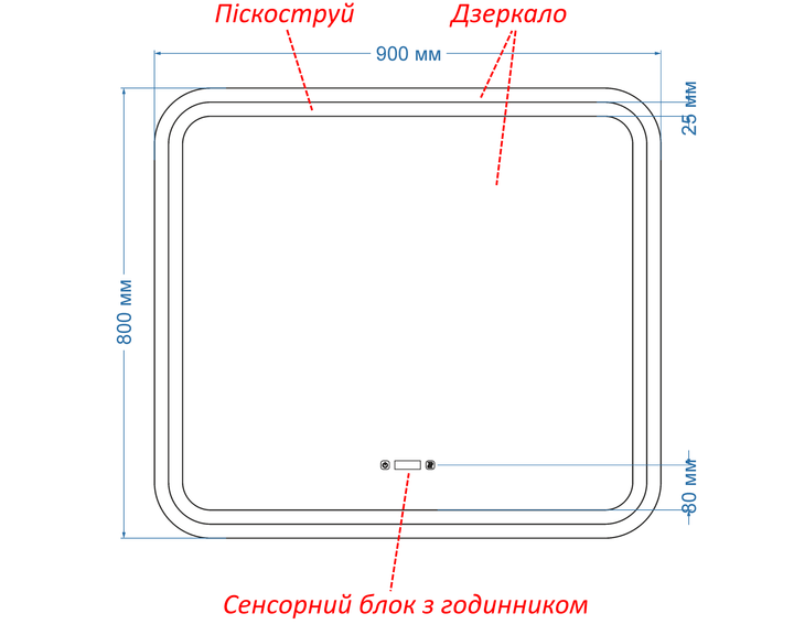 Закругленное зеркало с двумя LED подсветками 80 на 60 см, с двумя сенсорами, часами, механическим выключателем и подогревом, модель Anvi La Mir (Anvi/800x600/5191/22/1) - изображение 4