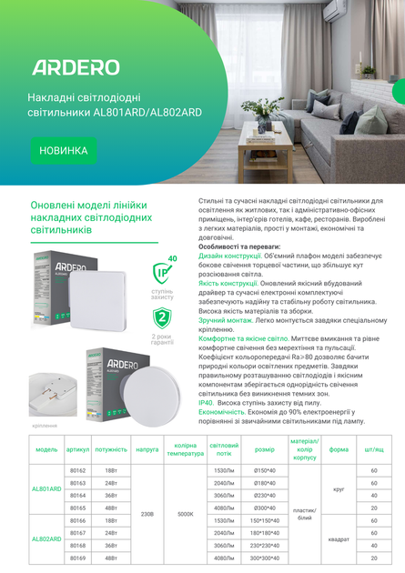 Накладной светодиодный светильник Ardero AL802ARD 48W 5000К 4080Лм 300х300х40 мм квадрат - изображение 3