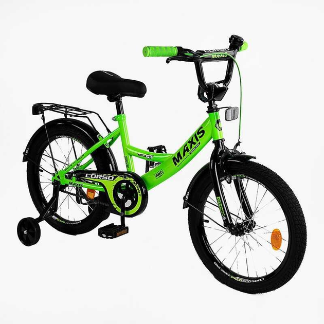 Велосипед подростковый двухколесный 20" CORSO Maxis стальная рама доп. колеса салатовый с чёрным CL-20457 