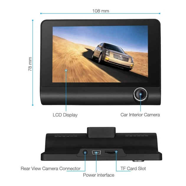 Автомобільний реєстратор, 4"1080P FHD РК-екран, 3 об'єктиви, камера заднього огляду, огляд 170. нічним баченням - зображення 2
