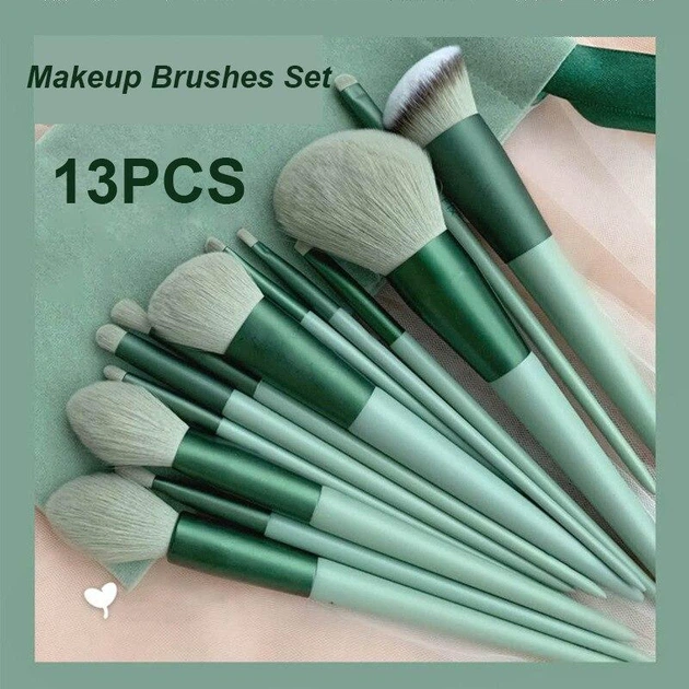 Набор из 13 кистей для макияжа Makeup Brushes set Зеленые - Фото 2 Набор из 13 кистей для макияжа Makeup Brushes set Зеленые - изображение 2