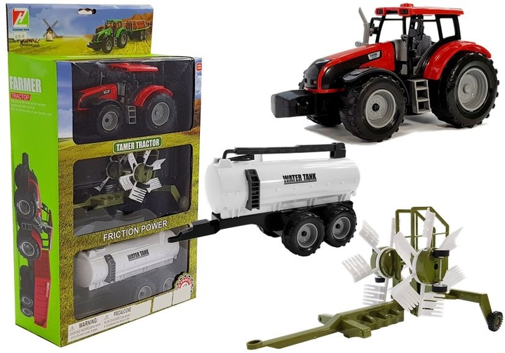Zestaw zabawek LEAN Toys Traktor z przyczepką zgrabiarką i cysterną Czerwony 5851 (5905323219304) - obraz 1