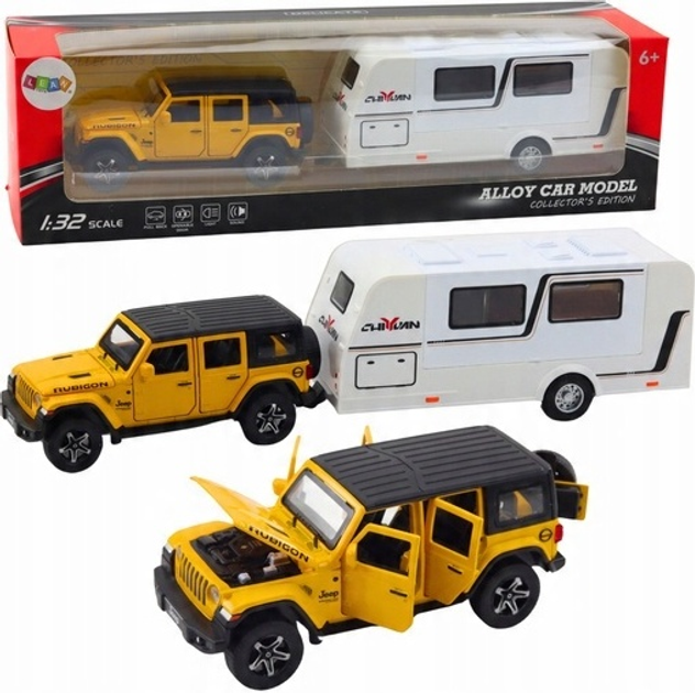 Zestaw zabawek LEAN Toys metalowy z napędem oraz ze światłami i dźwiękami Auto terenowe + Kamper 1:32 Żółty 24746 (5905991057963) - obraz 2