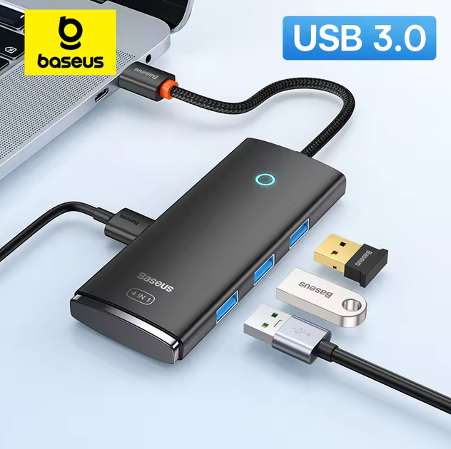 USB-Хаб Baseus Lite Series 4 in 1 (USB-A to USB 3.0*4) 1m Black - зображення 2